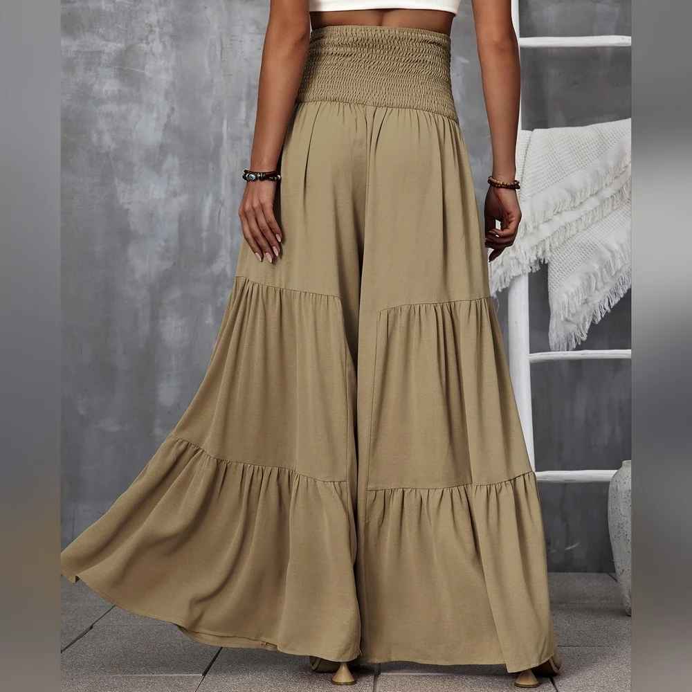 COPY - Shirred Waist Tie Front Ruffle Hem Wide Leg Pants - Picture 3 of 3